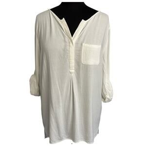 Just Living Ivory Split Neck Roll Tab Sleeve Linen Blend Gauzy Tunic Size M